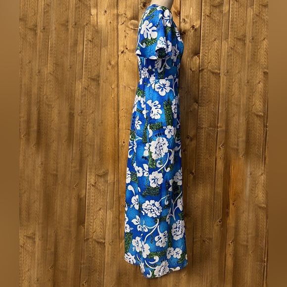 Vintage Royal Hawaiian 12 Blue White V-neck Maxi Dress - Picture 4 of 9